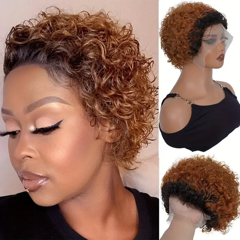 150% Density 13x1 Brazilian Lace Front Human Hair Wig Short Curly Lace Front Wigs Transparent Lace Frontal Wigs Color 1B/30