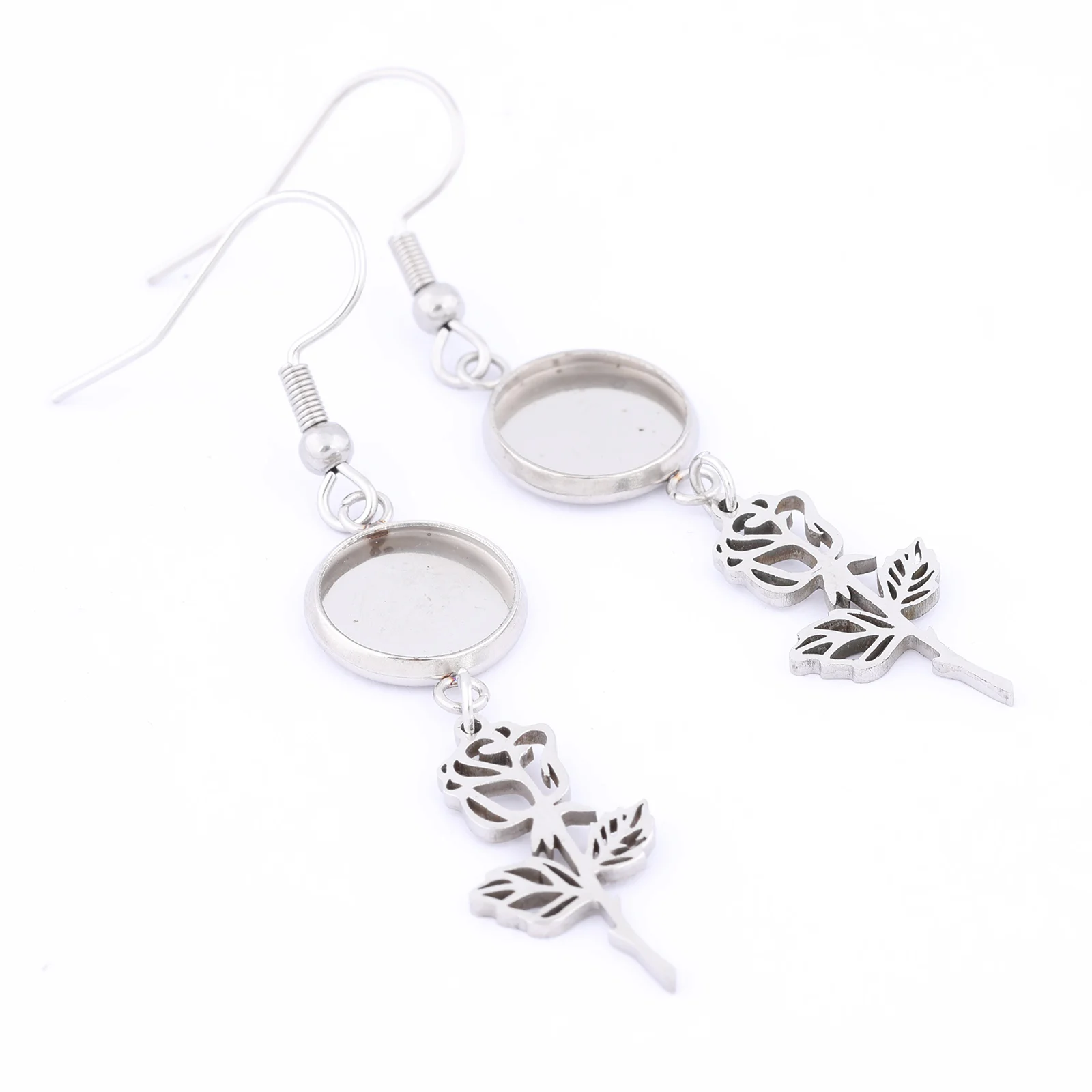 10pcs Stainless Steel Fit 10mm Cabochon Earring Base Setting Trays With Dangle Rose Flower Charms Diy Ear Hooks Findings