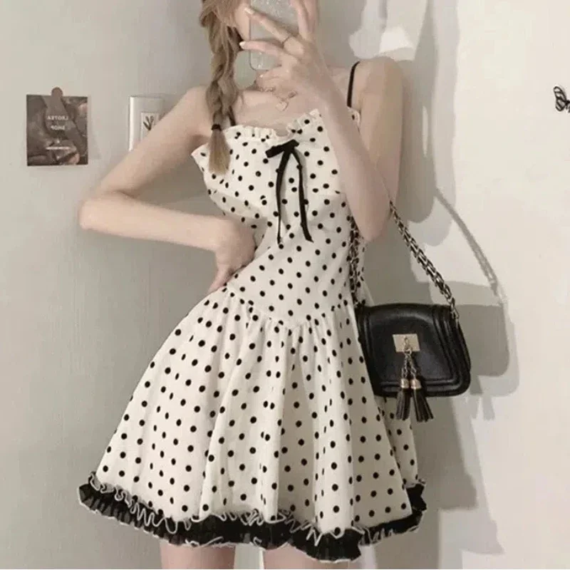

Summer Patchwork Polka Dot Ruffles Floral Fashion 2025 New Bow Wooden Earrings Lolita Slim Elegant Sleeveless Slip dsjjk2