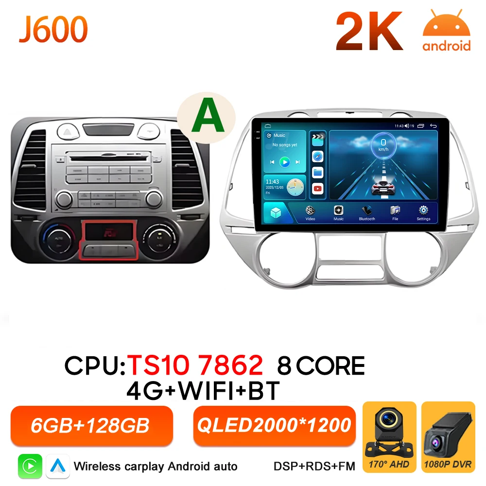 Android 16 autoradio multimediasysteem voor Hyundai i20 2008 2009 2010 2011 2012 Carplay Auto Player GPS Navigatie DSP BT Touchscreen