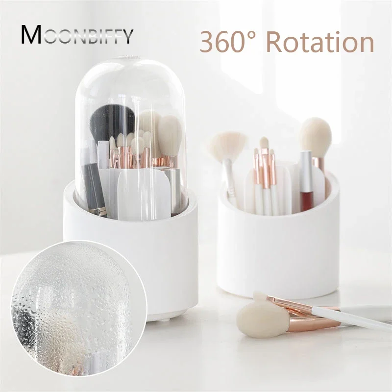 Multifunction 360° Rotating Pen Holder Pencil Makeup Brush Bucket Dust-proof Cosmetic Storage Box Compartment Desktop Organizer