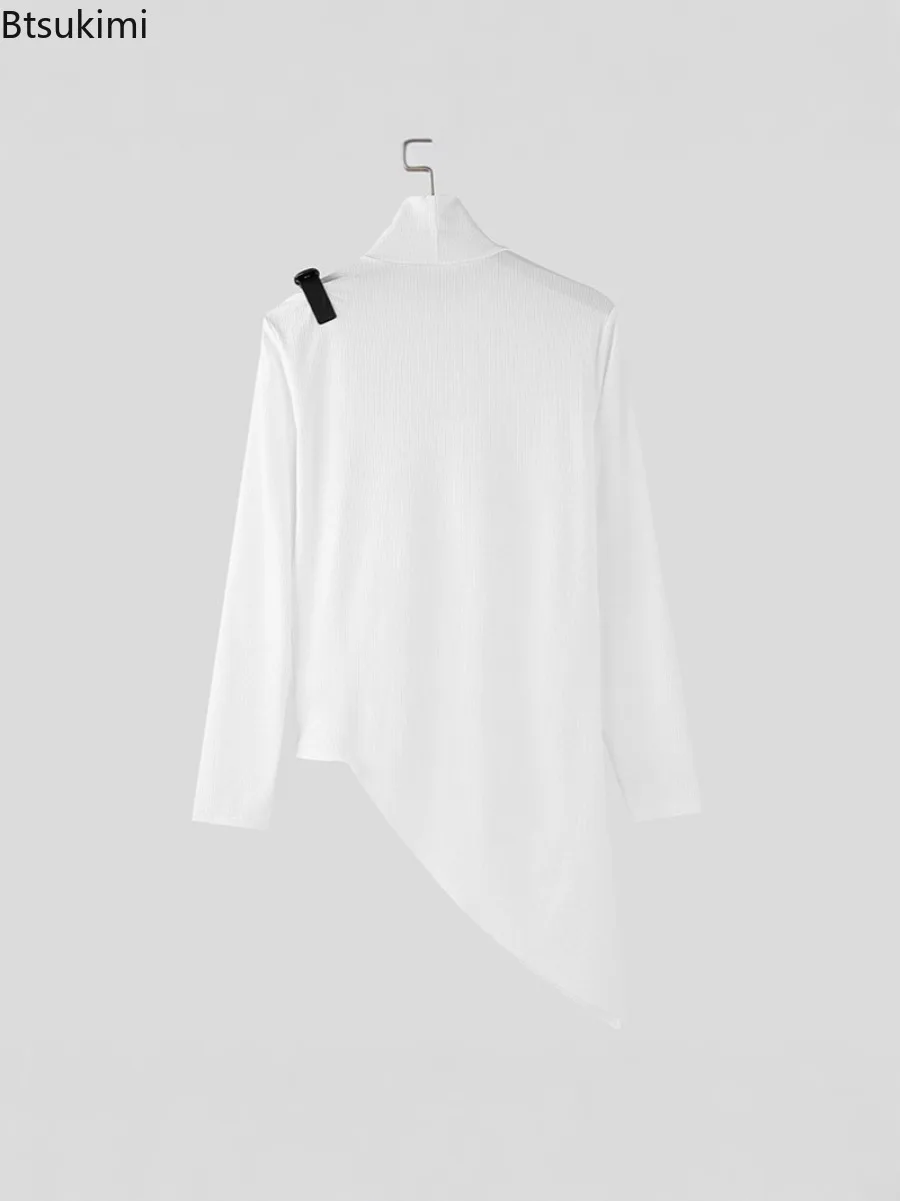 2025 Spring  Autumn Men Solid Slim Fit High Neck Elasticity T-shirt  Male Stripe Long Sleeved Tights Fashion Casual Streetwear - Image 4