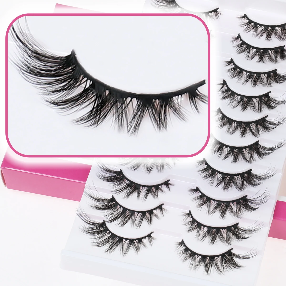 Xuanfeiwu ふわふわクラスターラッシュ、フルストリップ、外側の角に細く長く、前が短く後ろが長く、硬い茎付きの自然でリアルなつけまつげ、クロスクラスターラッシュ、濃密なフォックスアイラッシュ