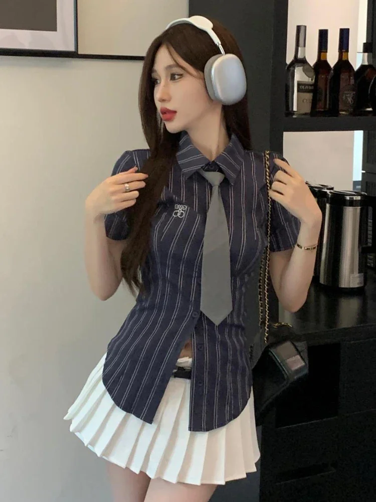 Shirts Women Striped Tie Simple Daily Slim Ladies Spring All-match Sexy Creativity Basics Charming Popular Korean Style Tender