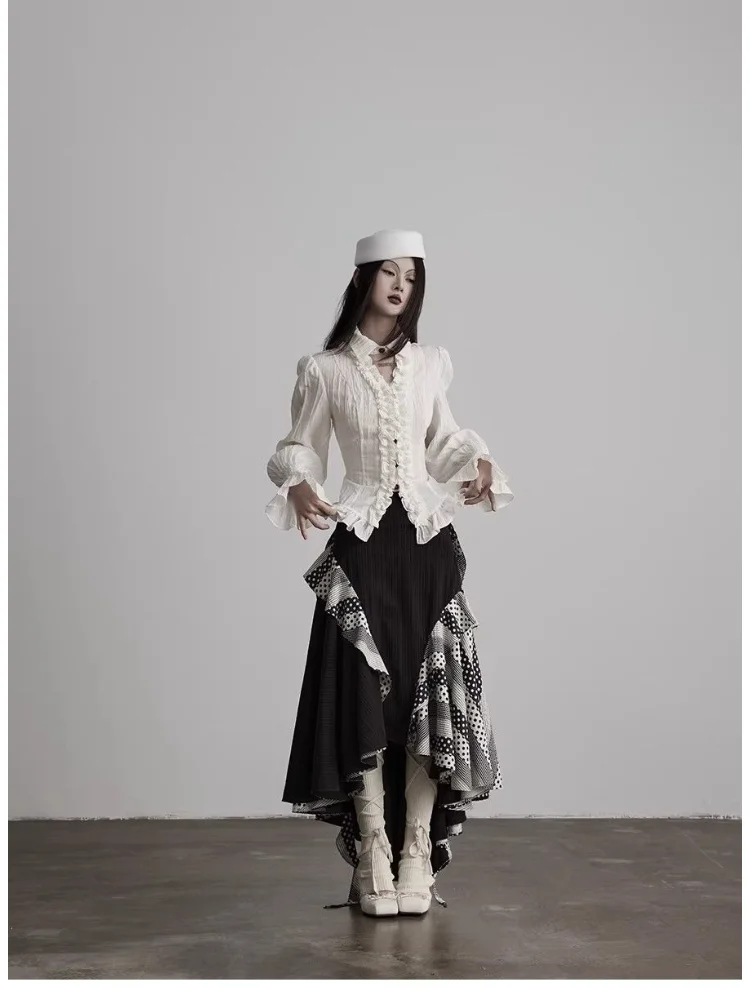 Spring Y2k Aesthetic Shirts Women Gothic Punk Long Sleeve Slim Ruffles Blouse Streetwear Female Vintage Grunge White Tops Blusas - view 4