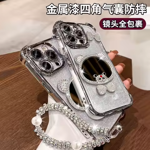 For Xiaomi 14T 13T Mi 11 Lite Poco X7 Pro X6 X5 X3 NFC F6 F5 M6 Cartoon Mirror Glitter Shockproof Clear Phone Case With Bracelet