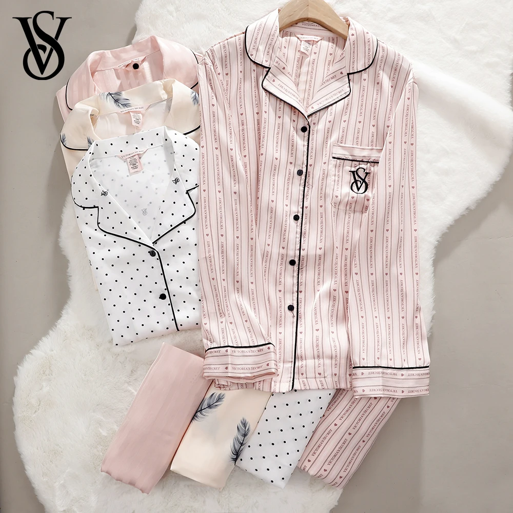 Victoria Secret Silk Satin Long Sleeve Pajama Set Lapel Two Piece Sleepwear Women Spring Autumn Casual