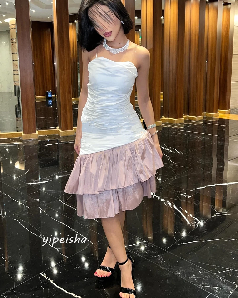 Jiayigong  Satin Pleat Draped Valentine's Day A-line Strapless Bespoke Occasion  Knee-Length