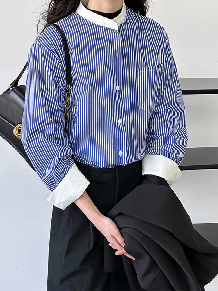 Blue Striped Shirt For Women Office Lady Single Breasted Minimallist Versatile Female Blouse 2024 Summer New