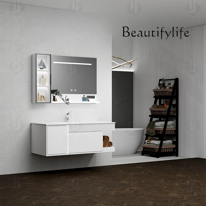 

Solid wood paint bathroom cabinet rock slab hot bending integrated basin toilet washbasin French cream wind