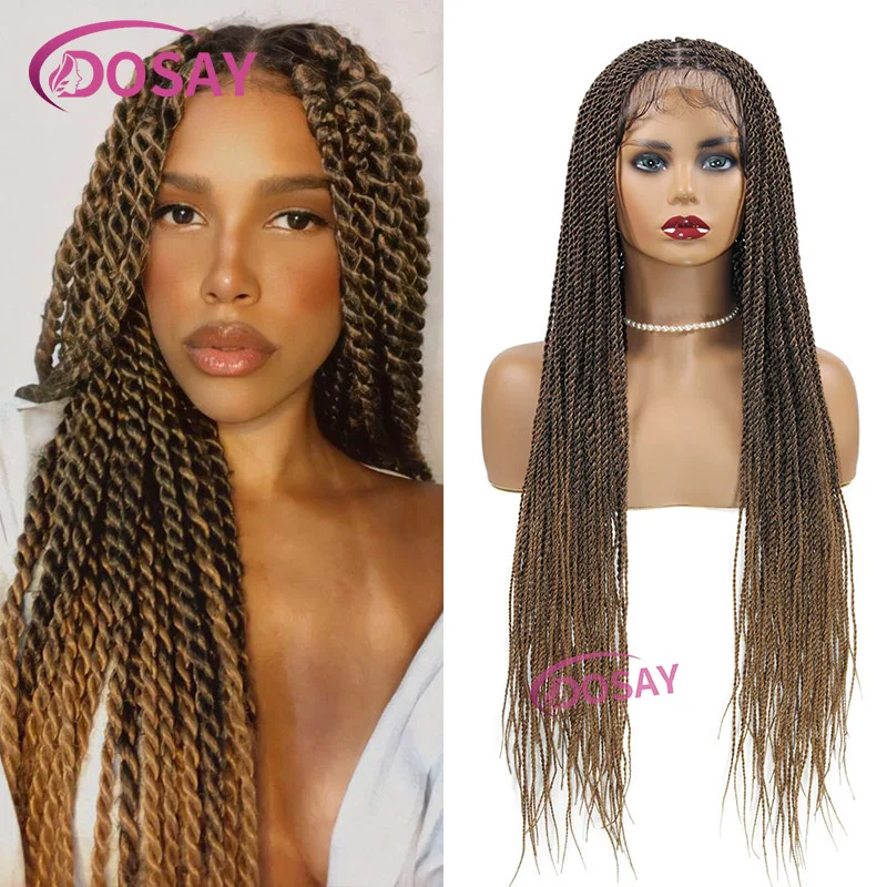 Peruca trançada senegalesa sintética com Faux Locs, peruca cheia do laço, torção paixão, cabelo do bebê, tranças, Lace Front, peruca ombre, 36"