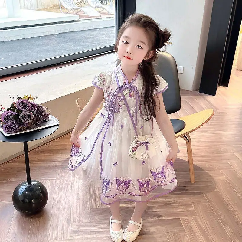 

Anime Sanrio Kuromi Kids Summer Hanfu Kawaii Embroidery Costume Skirt Cartoon Thin Short Sleeves Mesh Princess Dress Girl Gift