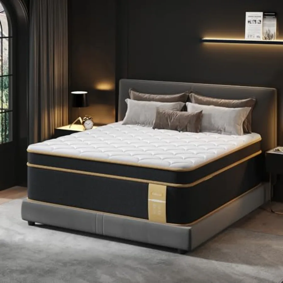 Mattress [New Version], 12 Gel Memory Foam Hybrid Mattress for Bedroom, Black, Pressure Pain Relief, Pocket Springs with Edge S