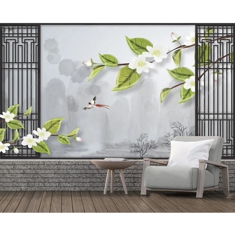 Chinese Minimalist Ink-Wash Landscape With Green Leaves And Flowers Vintage Screen Classroom Wall Decoration Background Wall