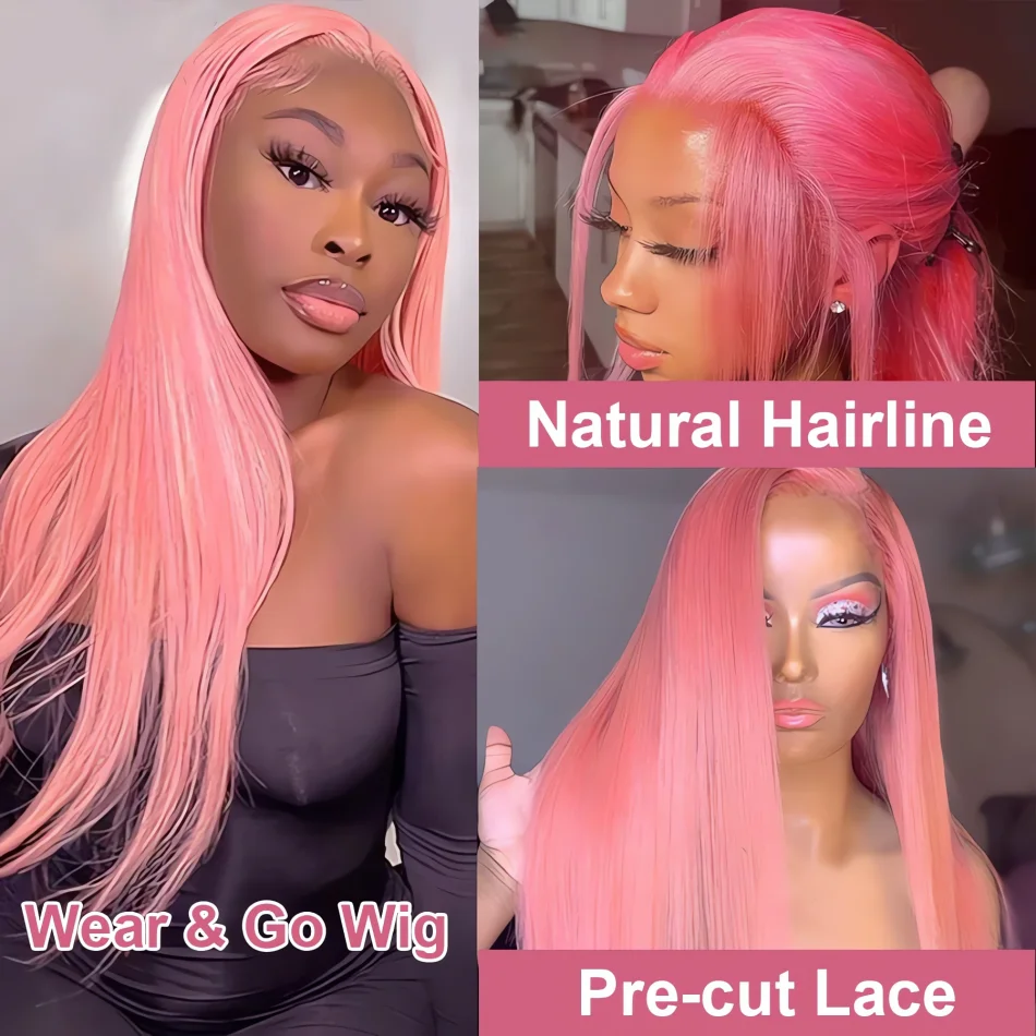 Pink Straight Colored 30 40 Inch Human Hair 13x4 13x6 HD Lace Frontal Wig PrePlucked Transparent Brazilian Wigs For Women