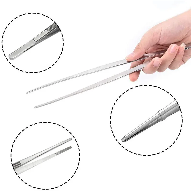 Stainless Steel Toothed Tweezer Long Barbecue Food Tong Straight Tweezer Home Medical Garden Kitchen BBQ Tool Eyelash Tweezers