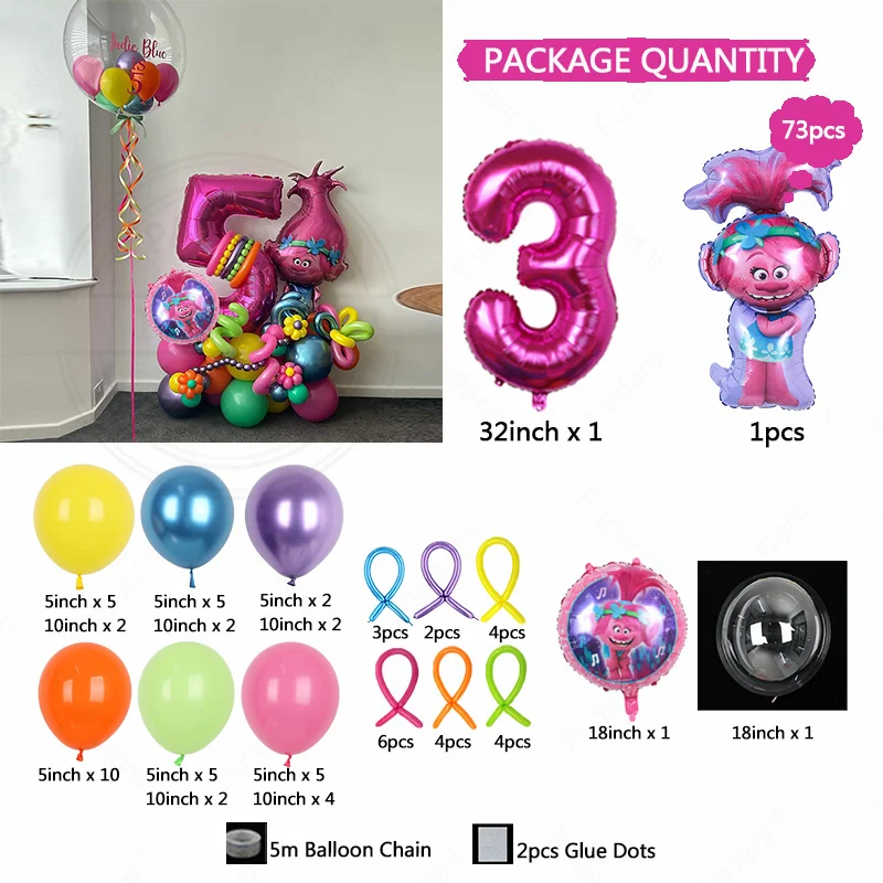 73 Uds. Globos temáticos de elfo de pelo mágico Trolls de Disney, suministros de decoración para fiesta de cumpleaños para niña, regalo para Baby Shower, Globos de helio para chico