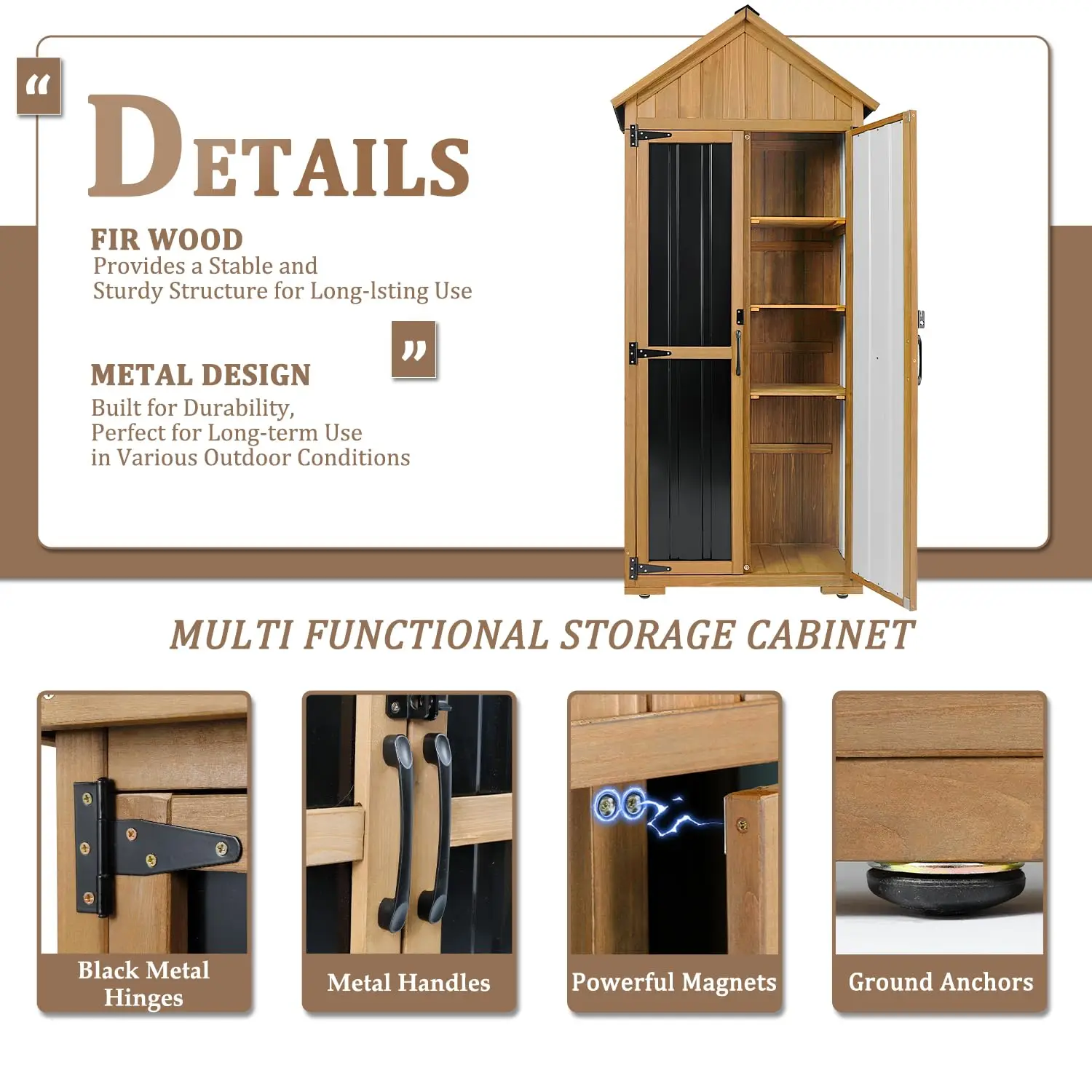 Outdoor Storage Cabinet Waterproof Shed with Shelves, Wood & Metal Patio Backyard Garden Tool Organizer for Outside, Customized view 4