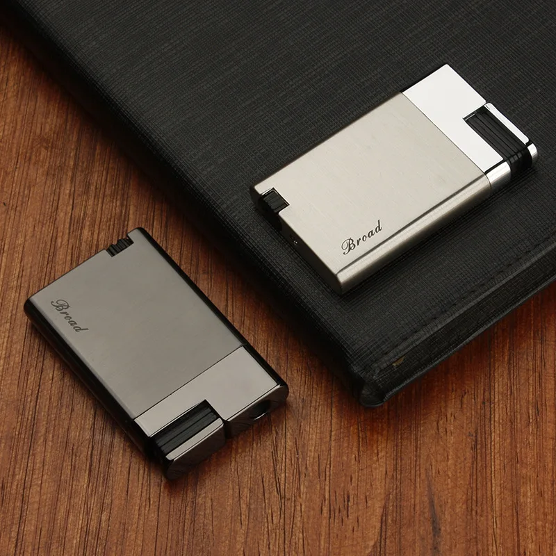 Ultra thin and portable business men's inflatable windproof straight forward blue flame metal lighter