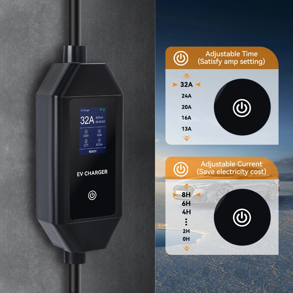 7KW Type2 IEC62196-2 شاحن EV محمول 32A 1 المرحلة Type1 J1772 EVSE كابل شحن سريع GBT 20234 CEE التوصيل التحكم اللاسلكي في التطبيقات