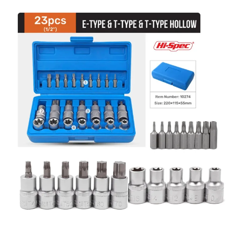 

Hi-Spec CRV E-type T-type Star Socket 23/25pcs Long Short Socket Sleeve Set Screwdriver Bit Socket 1/4" 3/8" 1/2" Hand Tools Set