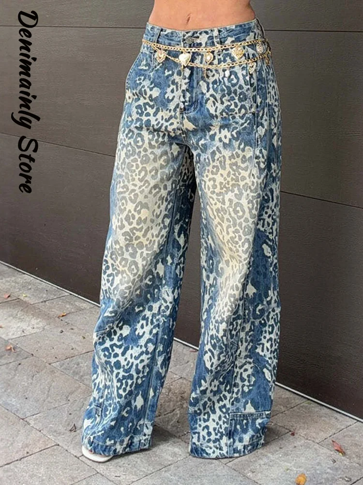 Fashion Women's Leopard Print Jeans High Waist Button Zipper Pockets Female Wide Leg Denim Pant 2026 Autumn Lady Street Trousers