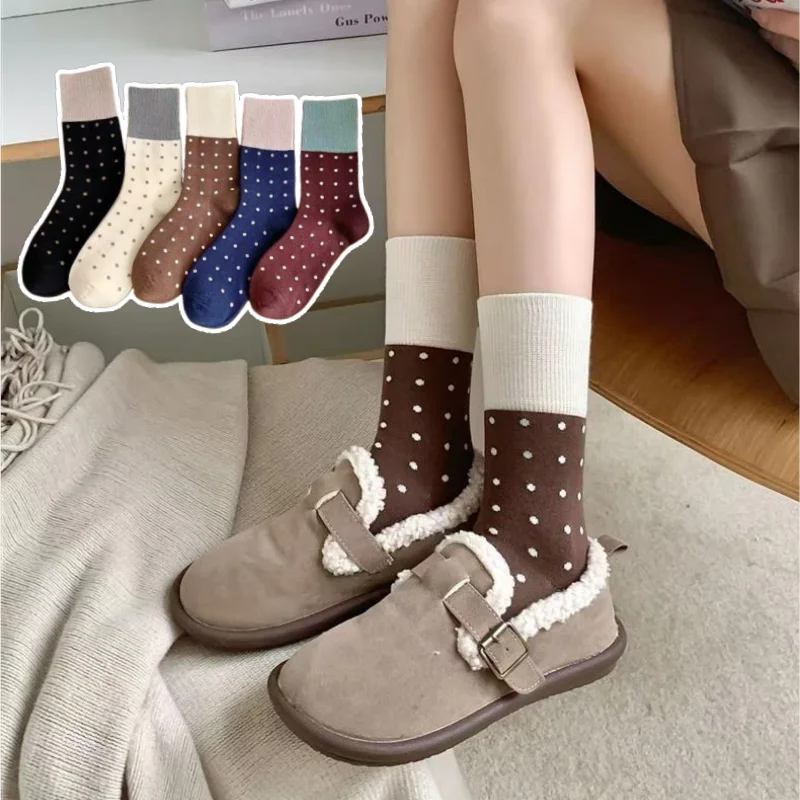 1/3/5 Paar Polka Dot Color Block Socken Damen Mid-Crew Slouchy Socken Kawaii Baumwollsocken Herbst Winter Neue Kollektion EU 35-40