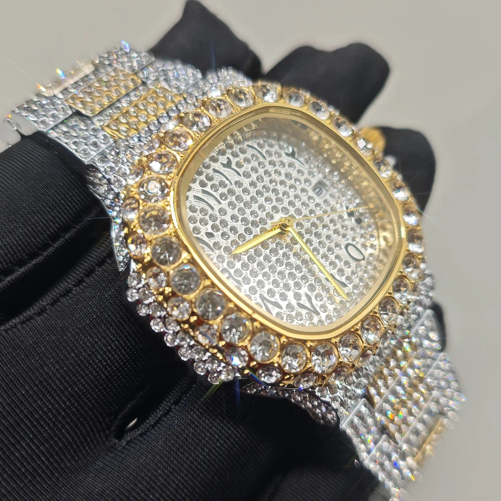 Jam Tangan Berlian Mewah Baru Laris 2025 Jam Tangan Kuarsa Persegi Es Keluar Bling Modis Pria Rap Hip Hop Jam Tangan Pria untuk Pesta