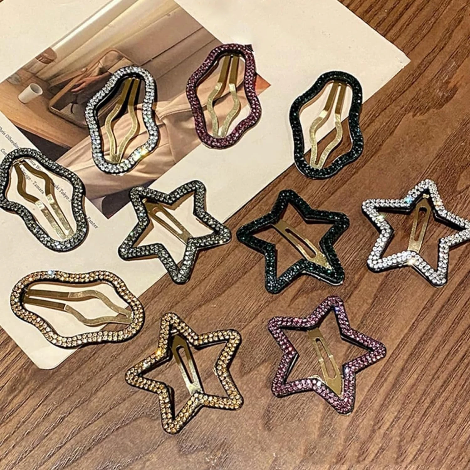 4Pcs Fashion Shiny Rhinestone Hair Clips, Simple Five-Pointed Star/Heart/Wave Hair Accessories, Snap-On Hair Clips Headdress view 5