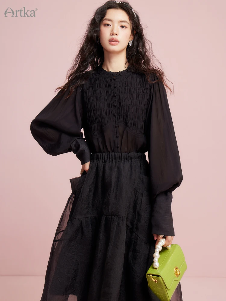 ARTKA 2023 Spring New Women Blouse French Elegant Ruffled O-Neck Loose Shirts Lantern Sleeve Black Shirt Female SA92032C