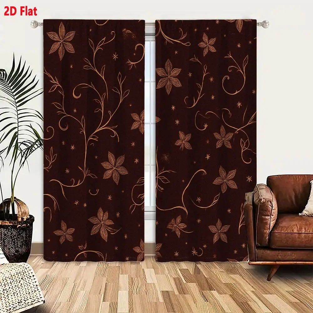 2Pcs Curtains 2D Flat Dark Brown Chocolate Background Intricate Golden-Brown Floral Vine Pattern With Star-Shaped Flowers Five-P
