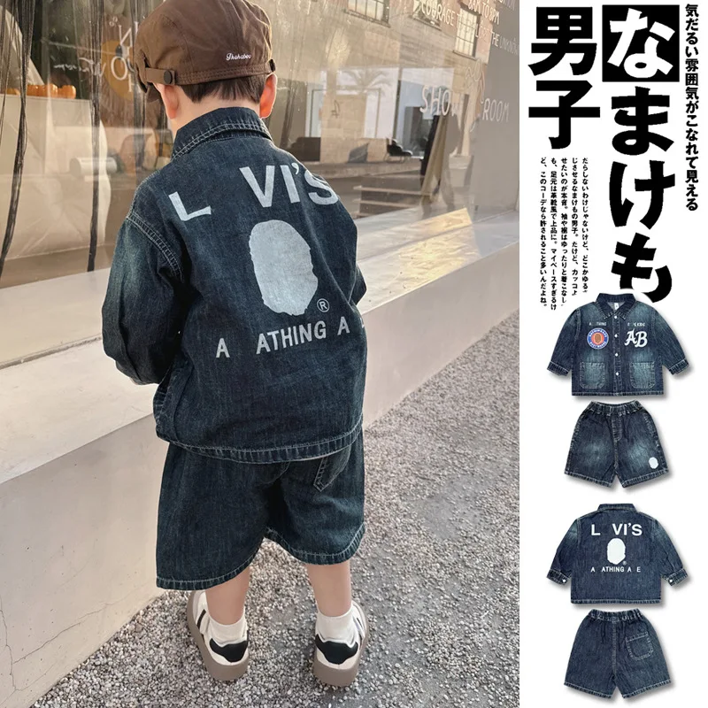 Angel Prince Princess Children's Suit 2025 Spring Boys Denim Long Sleeve Shirt Boys Denim Shorts Two-piece Children's Clothing