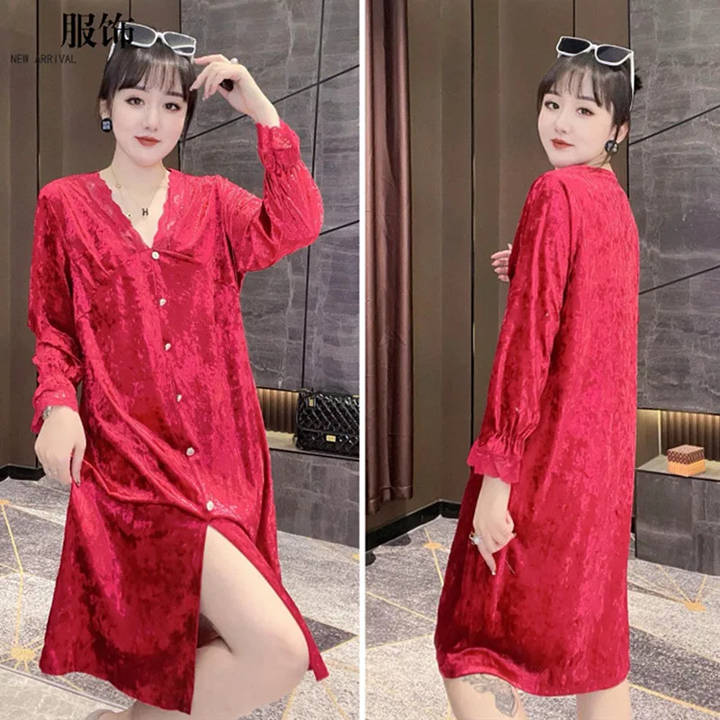 

New V Neck Long Sleeve Nightdress Loose Casual Gold Velvet Warm Nightgowns For Women Spring Autumn Night Dress Sexy Sleepwear