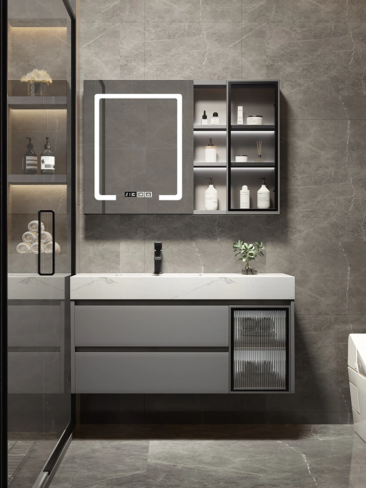 Smart bathroom cabinet, light luxury, gray solid wood glass sideboard, bathroom rock slab washbasin, washbasin