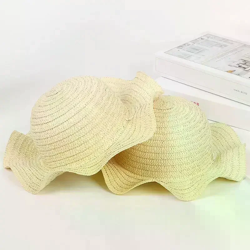 Summer Children's Wavy Edge Wide Brim Straw Hat And Woven Bags Travel Beach Sun Cap