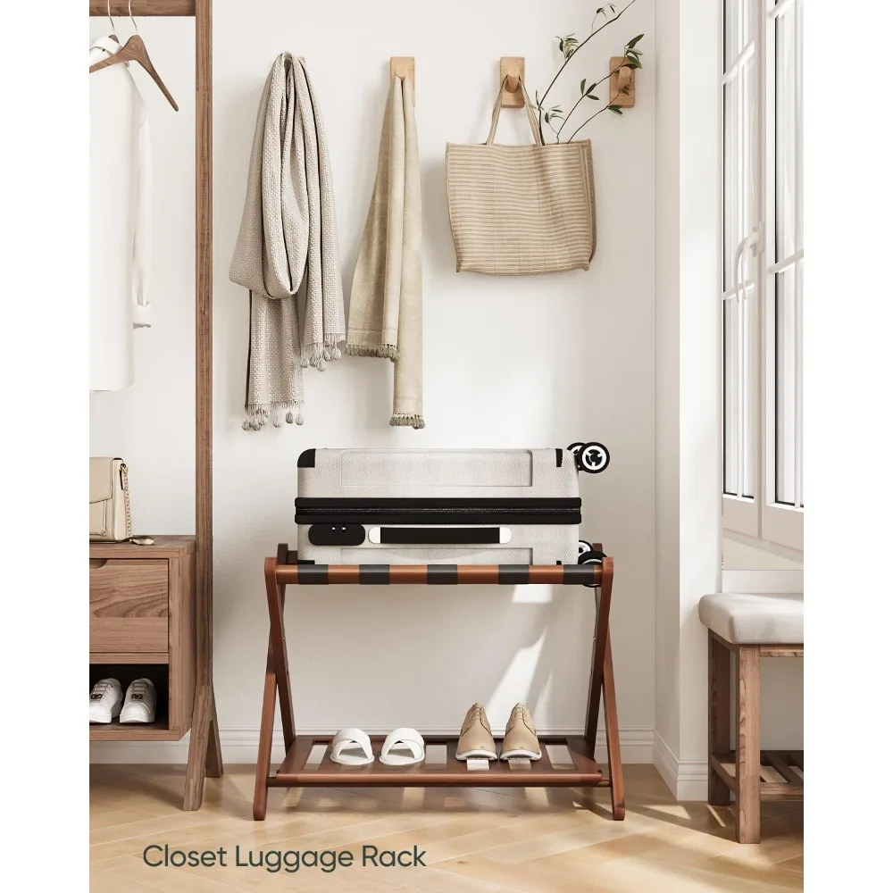 Fully Assembled Walnut Bamboo Luggage Rack with Shoe Shelf, Folding Suitcase Stand with 5 Heavy-Duty Straps