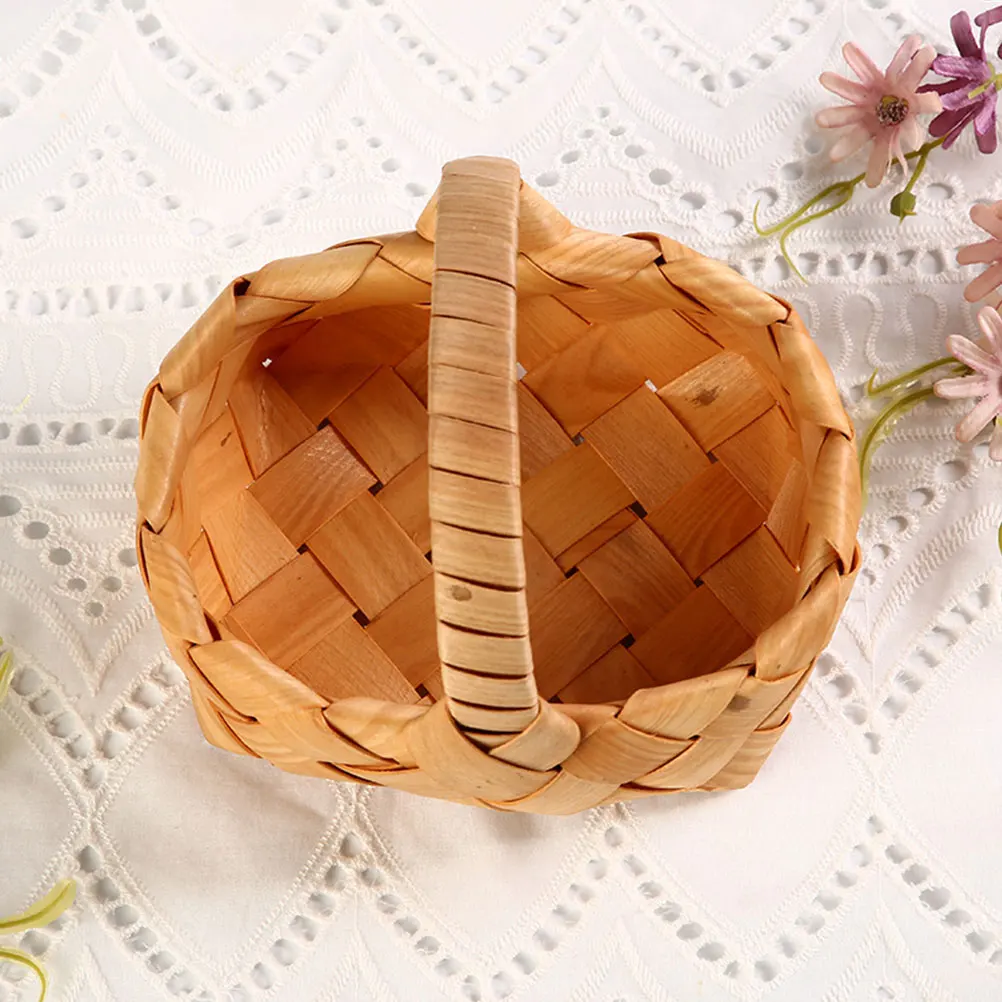 

Wooden Flower Basket Small Woven Baskets Brown Vegetable Garden Picnic Storage Handmade Portable Handle