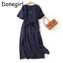 Donegirl 2023 Women Spring Summer Short Sleeve V-neck Linen Solid Slim Dresses Belt Waist Commute Midi Dresses Female Chic