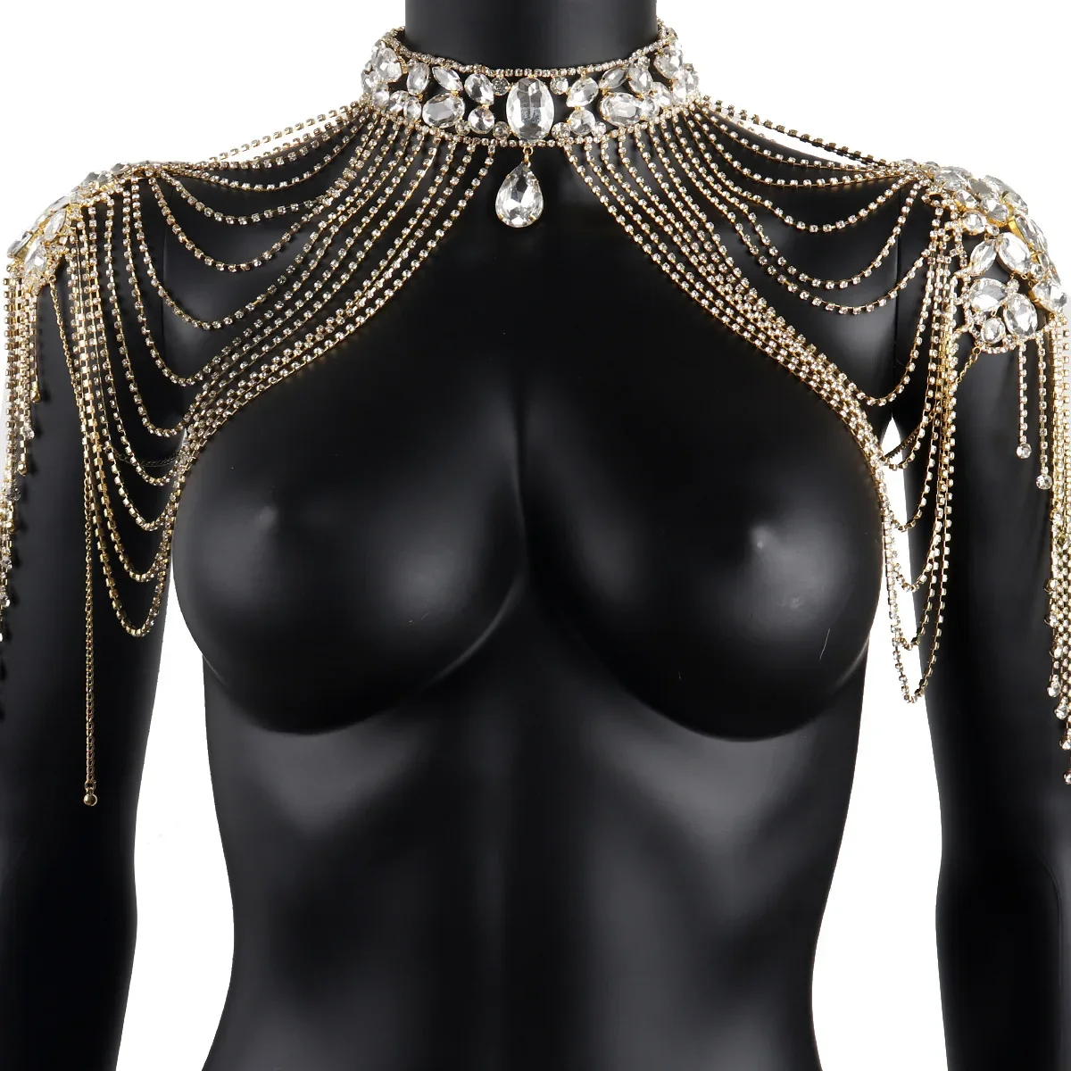 Glitter Rhinestone Shoulder Chain Necklace Luxury Bridal Body Jewelry Statement Crystal Choker Festival Harness Overlay Top