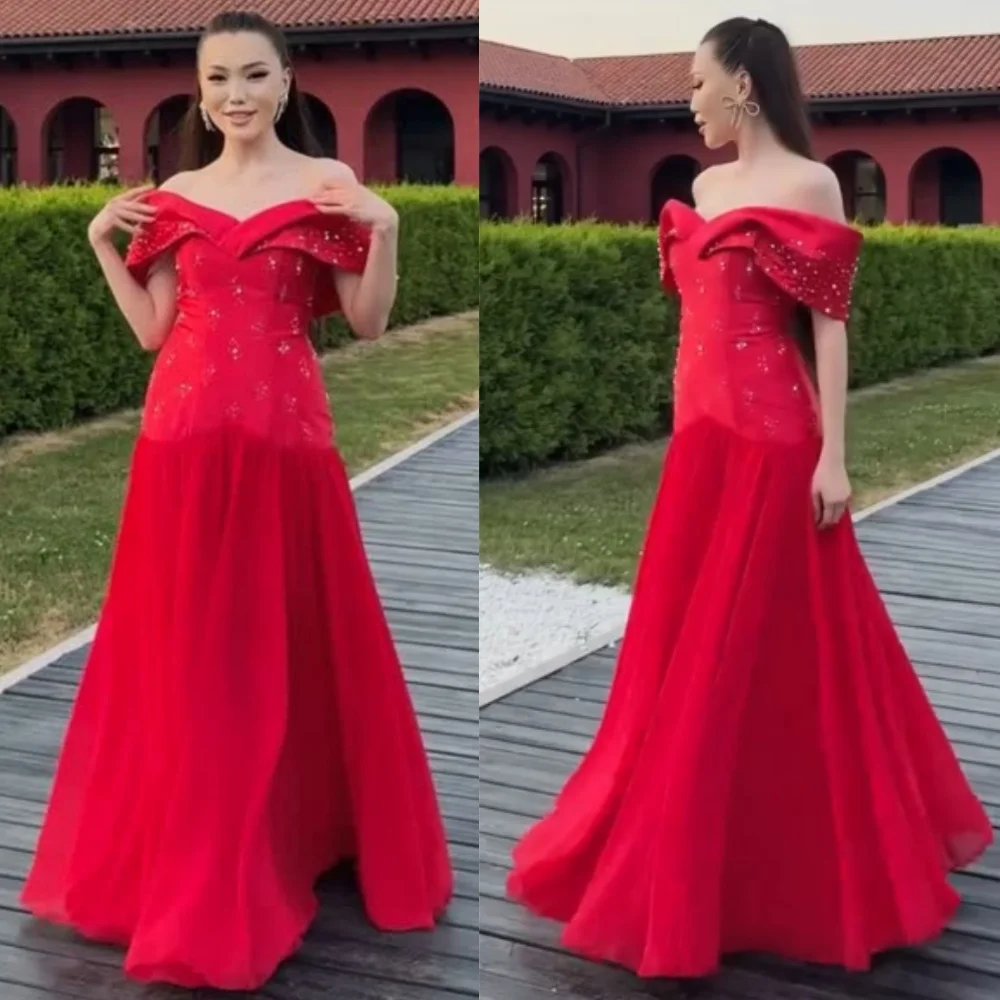 

Customized Sparkle Unisex Jersey Sequined Pleat A-line Off-the-shoulder Long Dresses Bespoke Occasion Formal