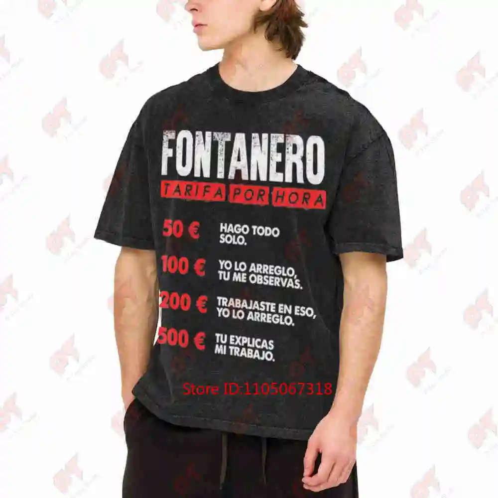 Funny Plumber Hourly Rate Spanish English Pricing Vintage Washed Tee Pure Cotton T-Shirt