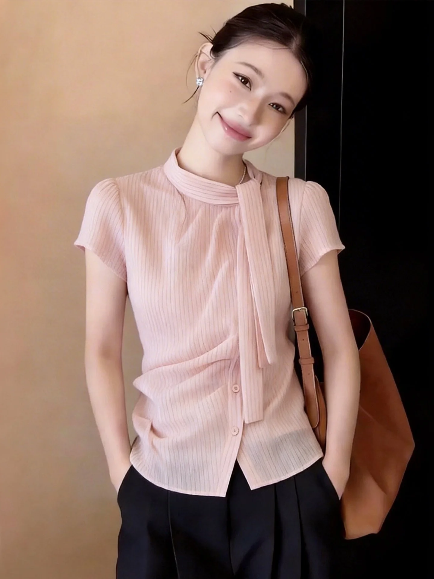 

Summer Slimming Pink Stripe Ribbon round Neck Short Sleeve Women's Shirt Korean Style Commute Fashion Casual Versatile Top