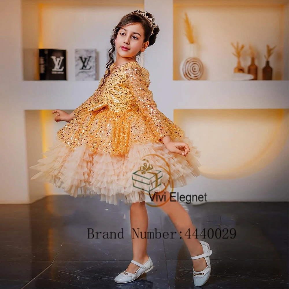 Gold Sequined Flower Girl Dresses with Bow Tutu Knee Length Wedding Party Gowns Scoop Communion שמלת שושבינה לילדות Summer 2023