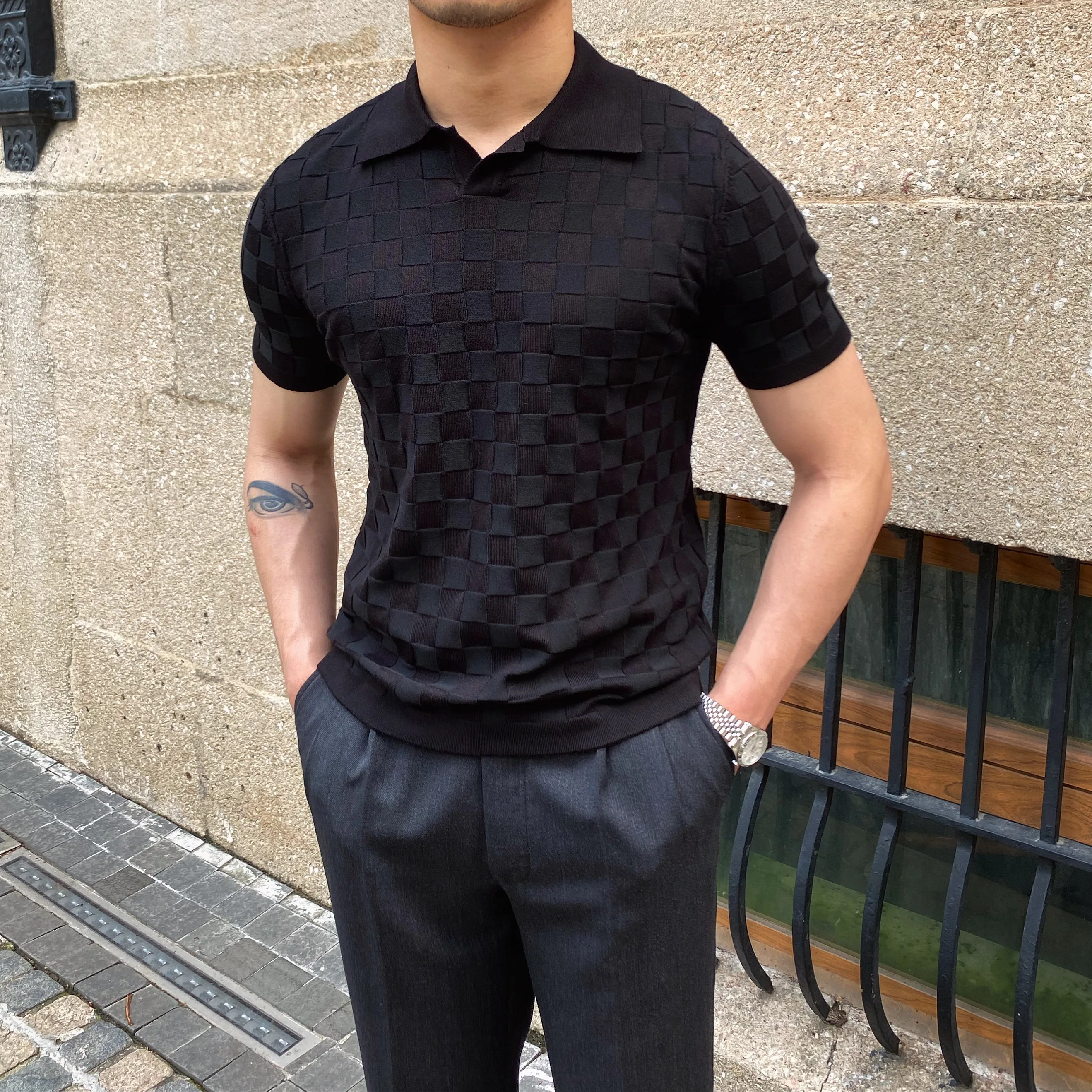 2022 Summer Plaid Knitted Polo Shirts Men Short Sleeve V-Neck Knitted Lapel Tee Tops Elasticity Slim Casual Business Social Polo