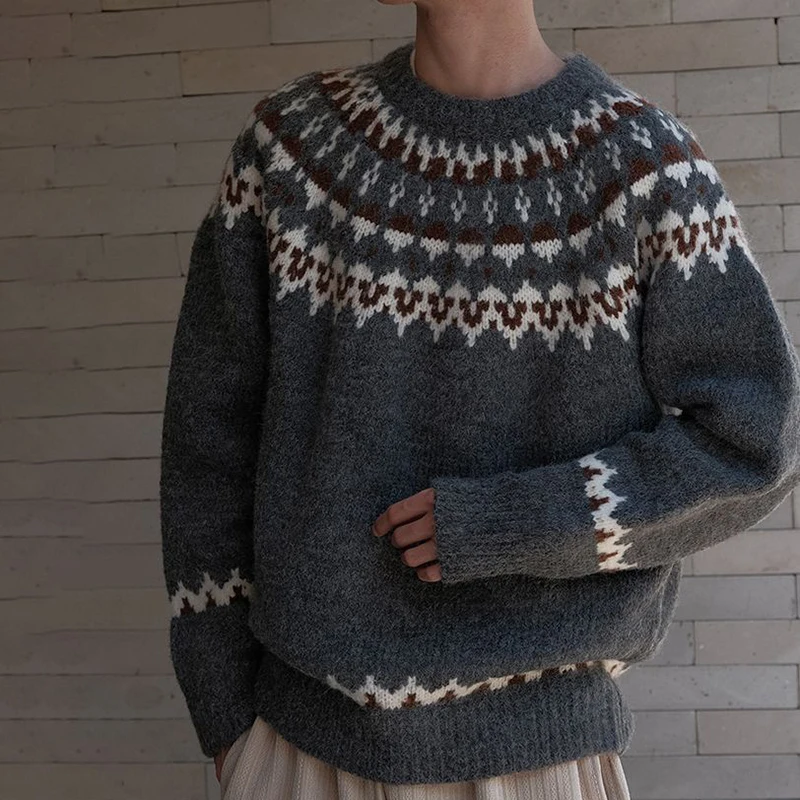 Fair Isle Jacquard Sweater Male Crew Neck Knitwear Pullover Autumn Winter Thickened Christmas Sweater Men Comfortable Knitted
