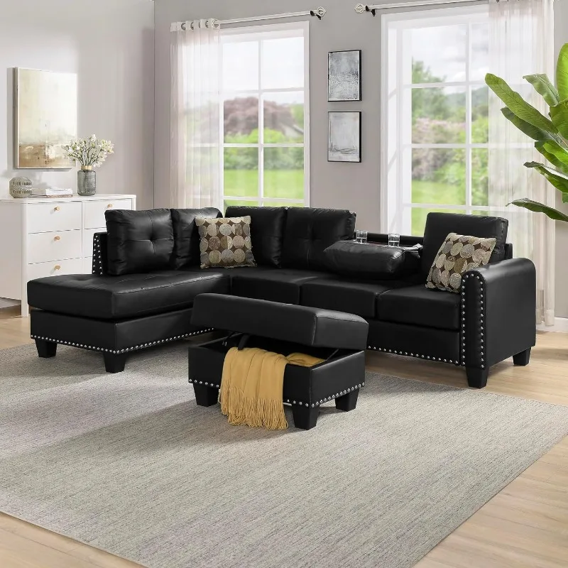 

3 Seater Sectional Living Room Sofas Set L Shape Sofa For Living 2 Cup Holders And Storage Ottoman For Home Furniture Room Decor
