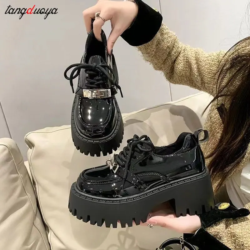 Women Shoes Leather Lace Up Oxford Shoes Thick Bottom High Heels Loafers Ladies Round Head Platform Punk Gothic Lolita Shoes