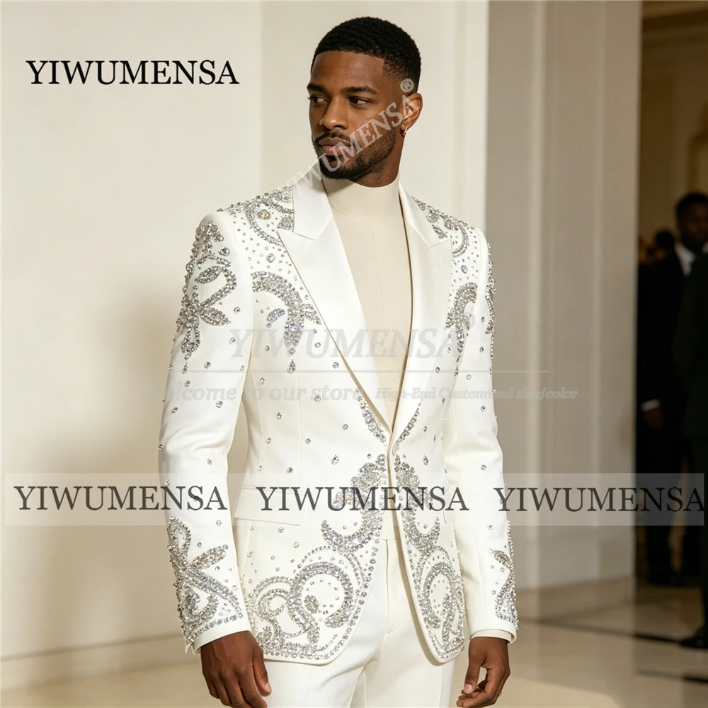 

Exclusive Wedding Suit For Groom Crystals Beaded Prom Blazer Customized 2 Piece Sets Man Evening Party Tuxedo Attire Ropa Hombre