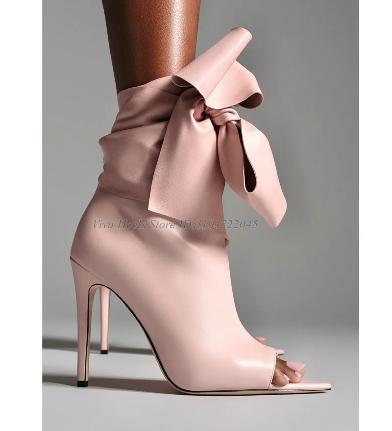 Pink/Grey/Black Leather Bow Sandal Boots Summer New in Peep Toe High Heels Zipper Ankle Boot Luxury Designer Big Size Shoes