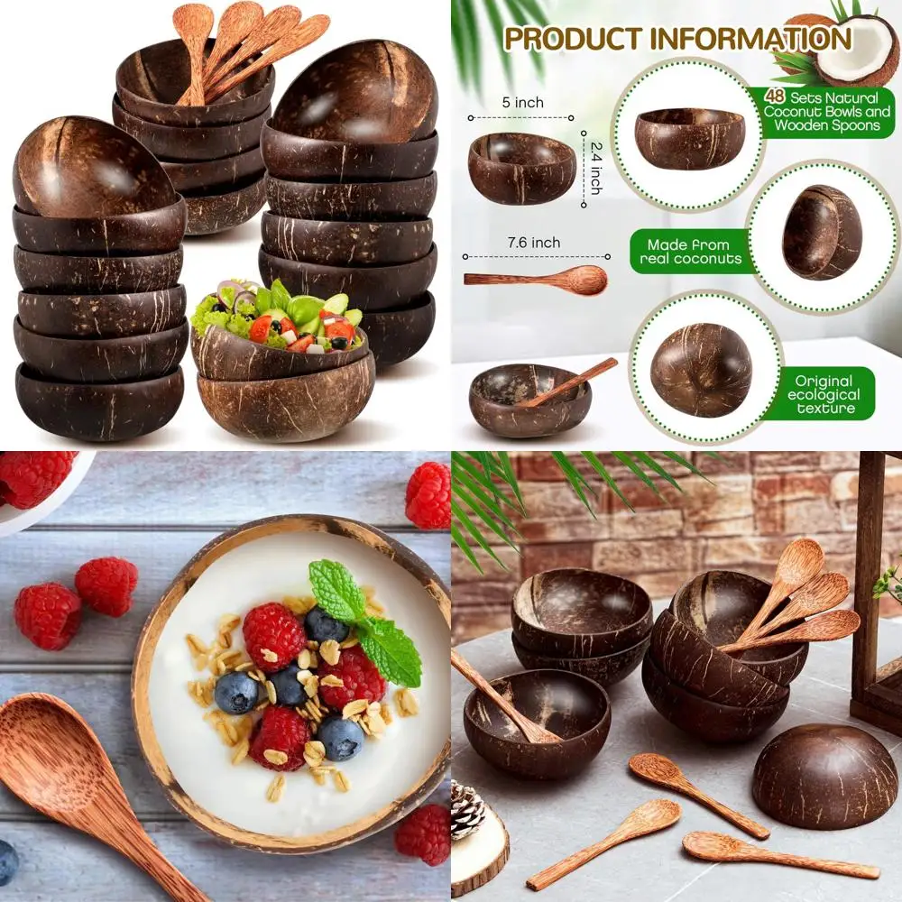 

Natural Coconut Bowls Set of 48 with Wooden Spoons, Ideal for Salads, Smoothies, and Kitchen Decor Gifts for Women
